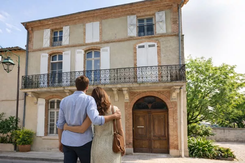 Arrivee-Chez-Ma-Poule-Maison-hotes-Moissac-couple Couple arrivant devant la maison d’hôtes Chez Ma Poule à Moissac pour leur séjour