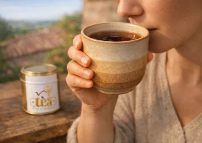 personne assise au soleil goûtant le thé noir au chasselas