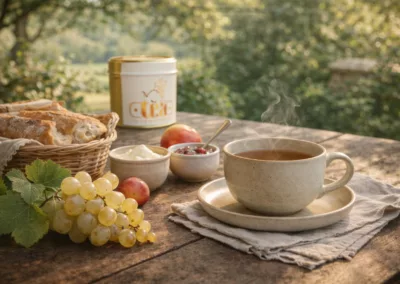 une table de petite déjeuner servi à l'auberge chez ma poule