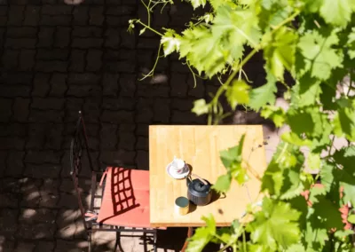 Table en terrasse dans le jardin avec thé et ambiance ombragée
